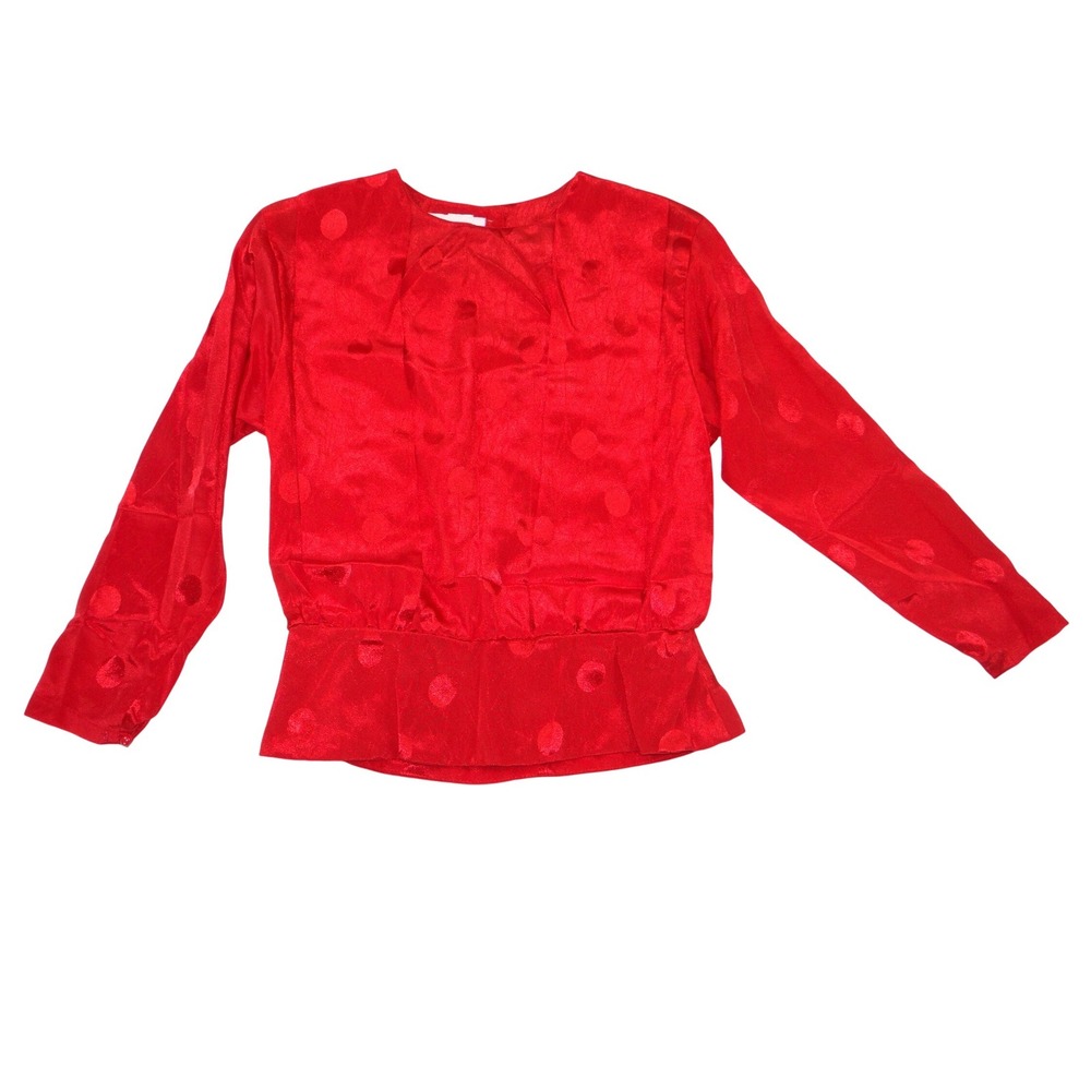 Vintage Galina Red Satin Polka Dot Jacquard Top and Midi Skirt Set Size 10 - Picture 2 of 12